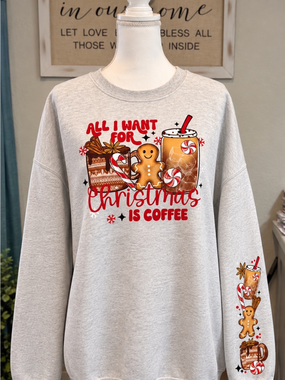 Gildan Light Gray 'All I Want for Christmas Is Coffee' Graphic Crewneck - Picture 1 of 4